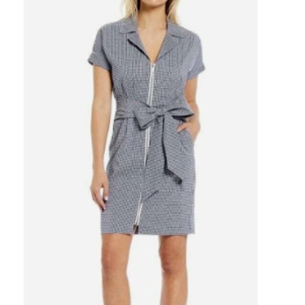 LDT Courtney Zip Front Shirt Dress Women 12 Navy White Gingham Tie Waist Pockets